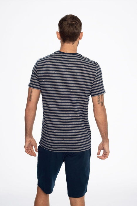 Stylish Short-Sleeved Striped Cotton Pajama Set for Men