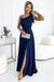 Elegant Navy Blue One-Shoulder Brocade Evening Gown with Bow by Numoco