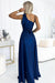 Elegant Navy Blue One-Shoulder Brocade Evening Gown with Bow by Numoco