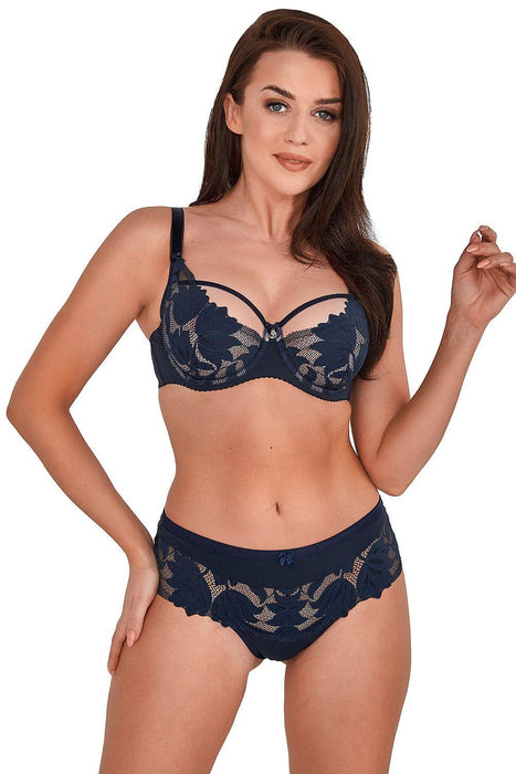 Navy Blue Lace Trimmed Floral Bralette