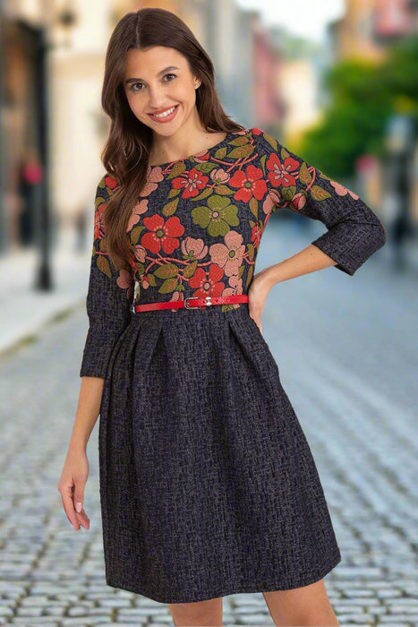 Elegant Floral Embroidered Fit-and-Flare Dress