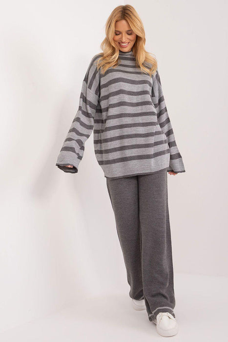 Sophisticated Striped Ribbed Knit Outfit with High-Waisted Trousers