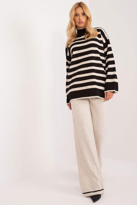 Sophisticated Striped Ribbed Knit Outfit with High-Waisted Trousers