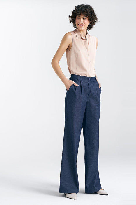 Elegant Wide-Leg Cotton Trousers with Chic Pleats