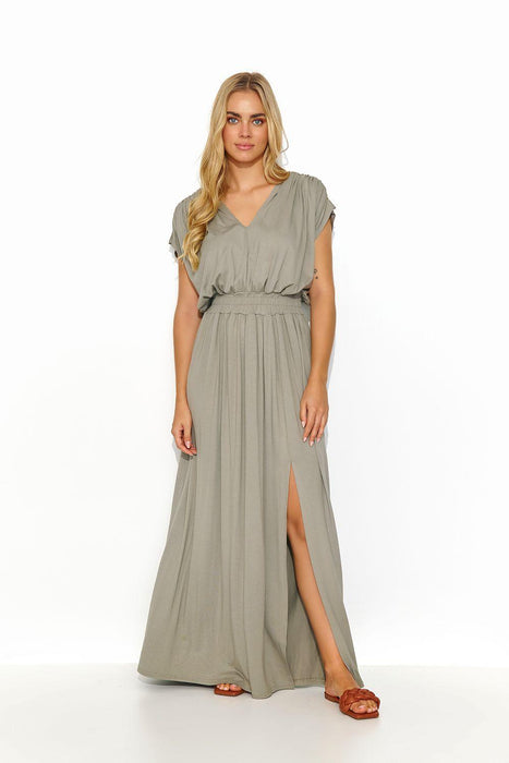 Elegant Summer Knit Maxi Dress with Gold Accent Sleeves