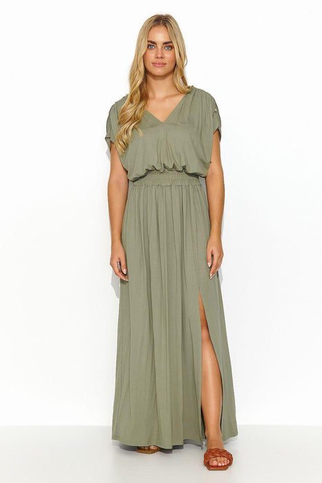 Elegant Summer Knit Maxi Dress with Gold Accent Sleeves