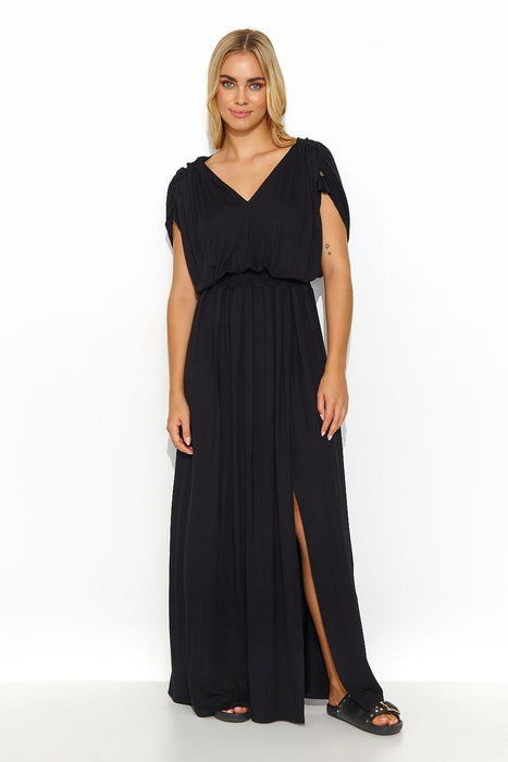 Elegant Summer Knit Maxi Dress with Gold Accent Sleeves