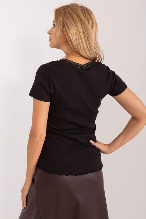 Eco-Conscious Ribbed Cotton Blouse with Chic Lace Trim