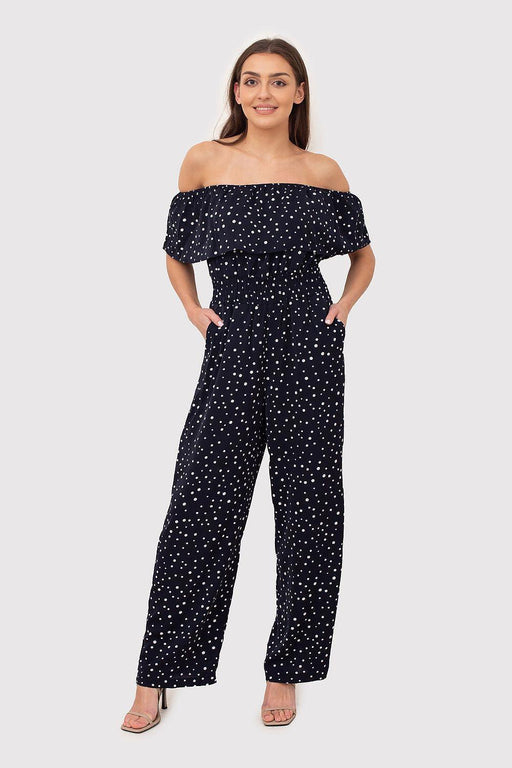 Navy Blue Polka Dot Bardot Jumpsuit with Playful Ruffled Waist