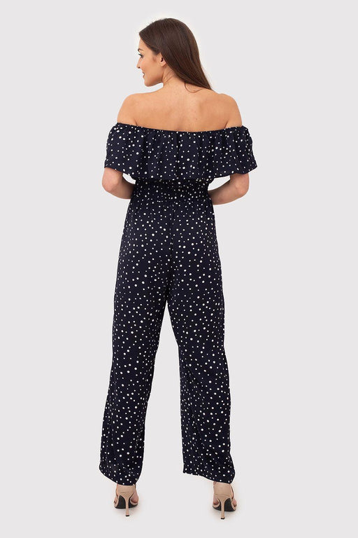 Navy Blue Polka Dot Bardot Jumpsuit with Playful Ruffled Waist