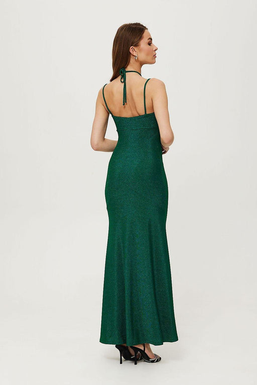 Radiant Metallic Knit Maxi Dress with Enchanting Neck Tie Details