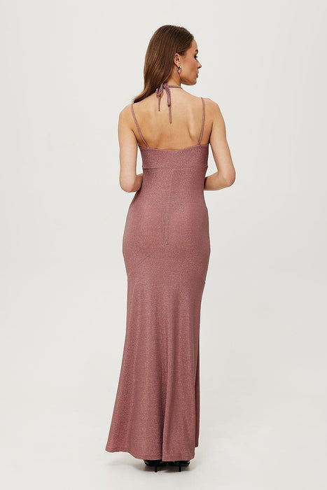 Radiant Metallic Knit Maxi Dress with Enchanting Neck Tie Details