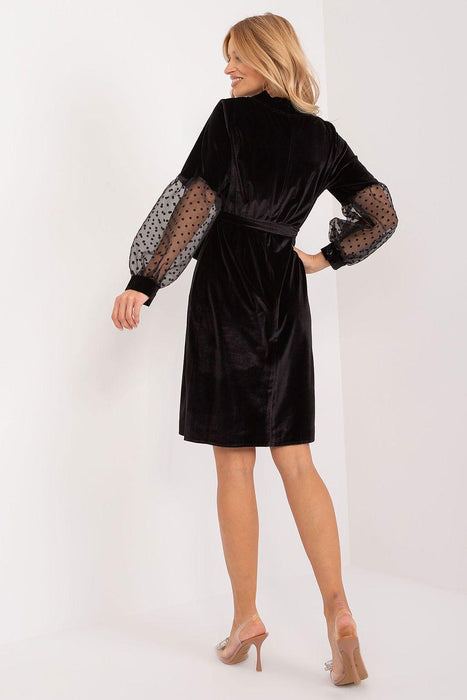 Elegant Knee-Length Dress with Sheer Sleeves and Cinched Waist