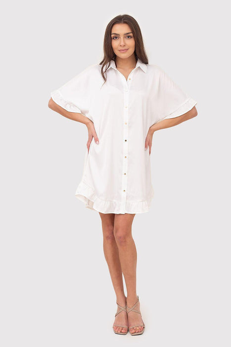 Chic Ruffle-Accented Shirt Dress with Gold Button Details and Timeless Collar