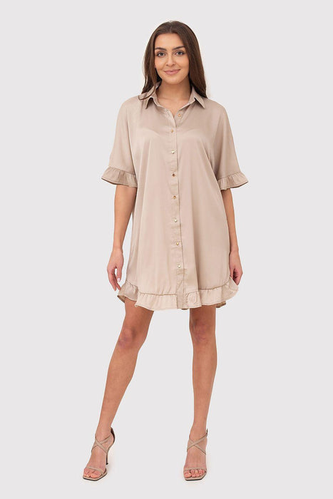 Chic Ruffle-Accented Shirt Dress with Gold Button Details and Timeless Collar