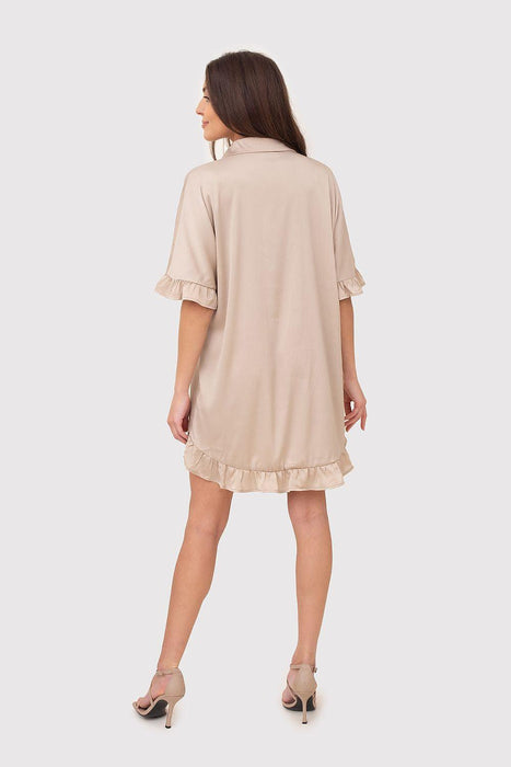 Chic Ruffle-Accented Shirt Dress with Gold Button Details and Timeless Collar