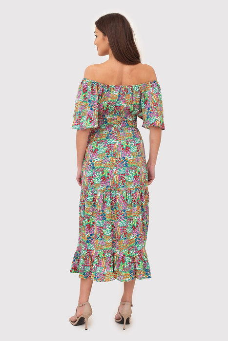 Summer Blossom Ruffled Bardot Midi Dress - Chic Floral Daywear