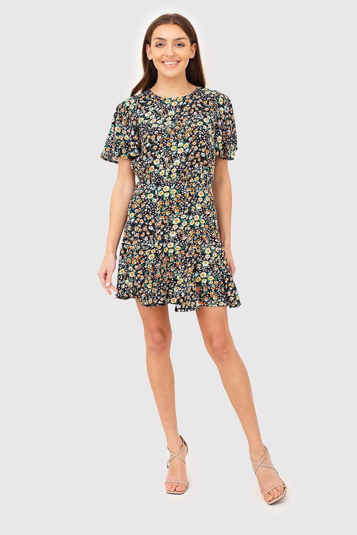 Vibrant Floral Printed Mini Dress with Short Sleeves and Elastic Waistband