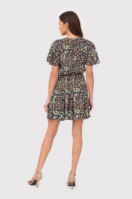 Vibrant Floral Printed Mini Dress with Short Sleeves and Elastic Waistband