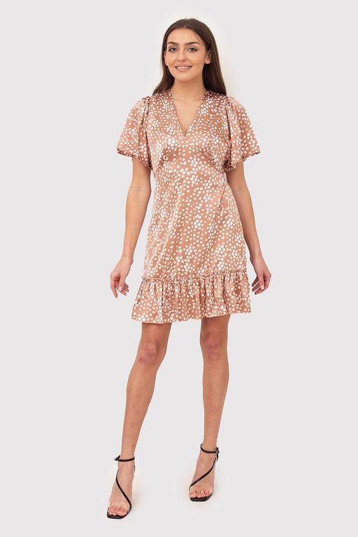 Chic Brown Frill-Trimmed Mini Dress with Flared Sleeves and V-Neckline