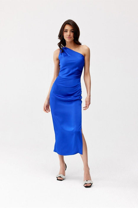 Elegant One-Shoulder Satin Midi Dress with Unique Side Crease Design