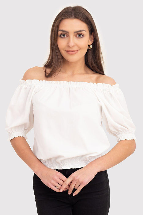 Elegant Cream Frilled Blouse with Stretchy Sleeves and Hem