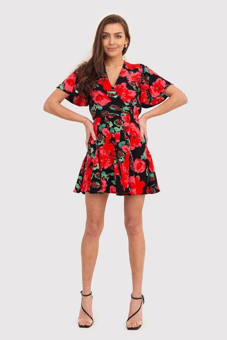 Red Floral Ruffle Sleeve Skater Dress - Made in Europe