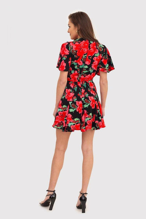 Red Floral Ruffle Sleeve Skater Dress - Made in Europe