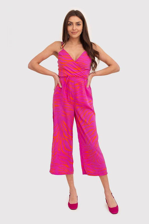 Chic Strapless Jumpsuit with Envelope Top in Vibrant Pink and Orange Print