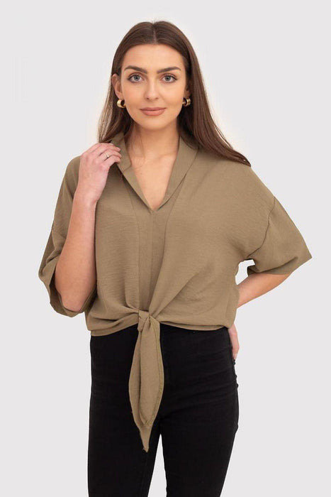 Sleek Black V-Neck Blouse with Trendy Front Tie - Your Go-To for Effortless Style