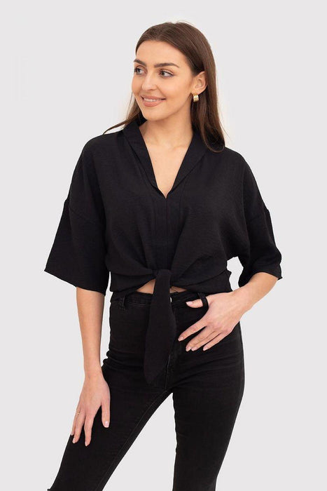 Sleek Black V-Neck Blouse with Trendy Front Tie - Your Go-To for Effortless Style