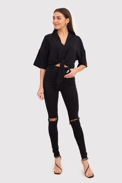 Sleek Black V-Neck Blouse with Trendy Front Tie - Your Go-To for Effortless Style