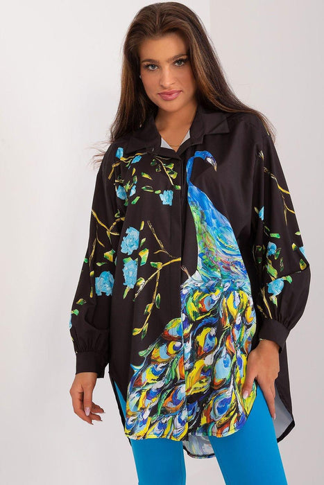 Vibrant Peacock Print Long Sleeve Blouse - Italy Moda Collection