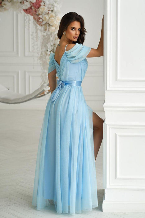 Elegant A-Line Evening Gown with Romantic Tulle Sleeves and Satin Belt