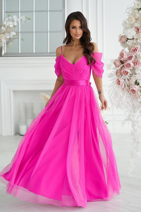 Elegant A-Line Evening Gown with Romantic Tulle Sleeves and Satin Belt