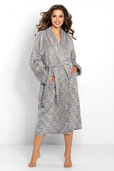 Sophisticated Gray Heart-Patterned Women's Bathrobe - Luxurious Comfort Choice