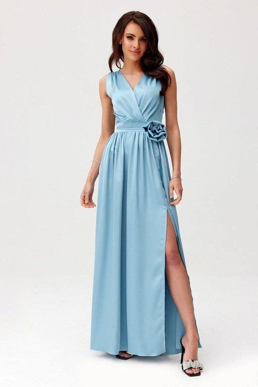 Satin Maxi Dress with Rose Detail and Elegant Silhouette