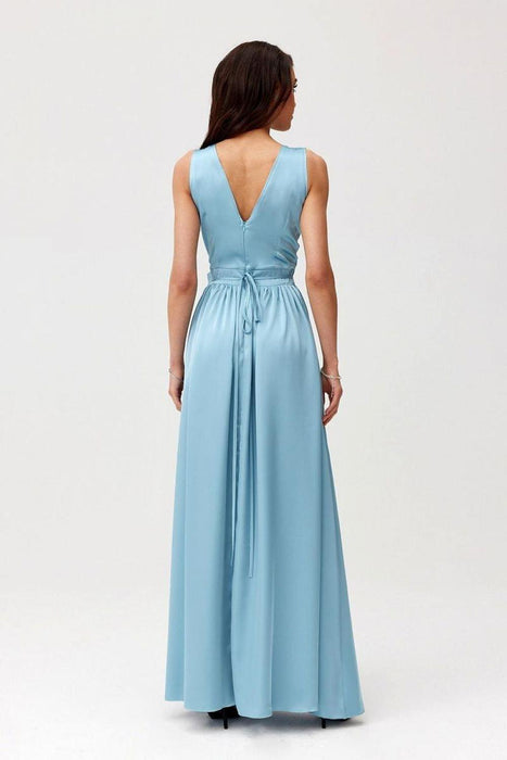 Satin Maxi Dress with Rose Detail and Elegant Silhouette