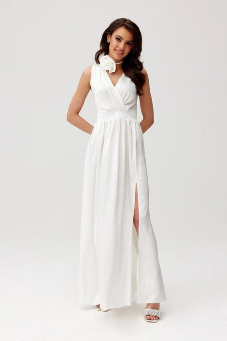 Satin Maxi Dress with Rose Detail and Elegant Silhouette