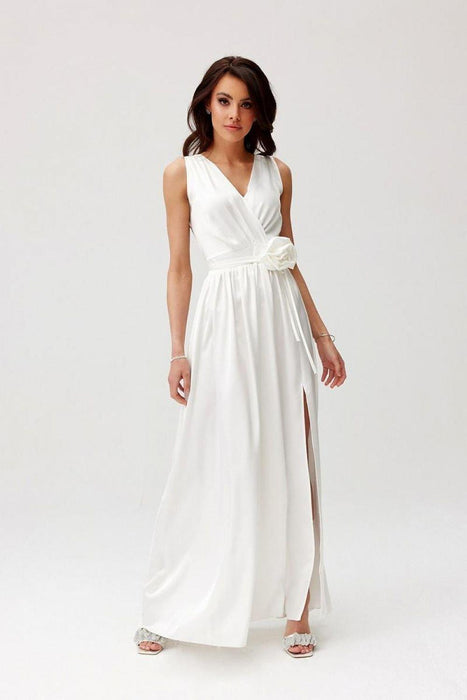 Satin Maxi Dress with Rose Detail and Elegant Silhouette