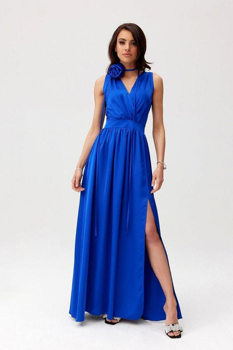 Satin Maxi Dress with Rose Detail and Elegant Silhouette