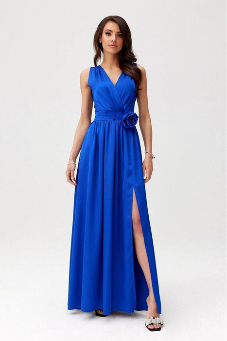 Satin Maxi Dress with Rose Detail and Elegant Silhouette