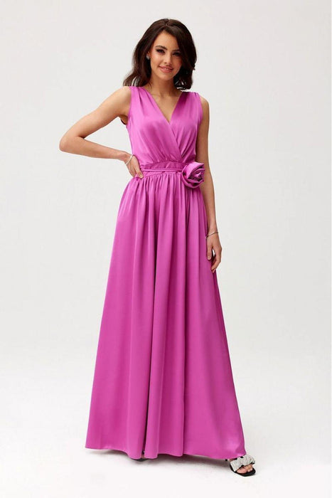 Satin Maxi Dress with Rose Detail and Elegant Silhouette