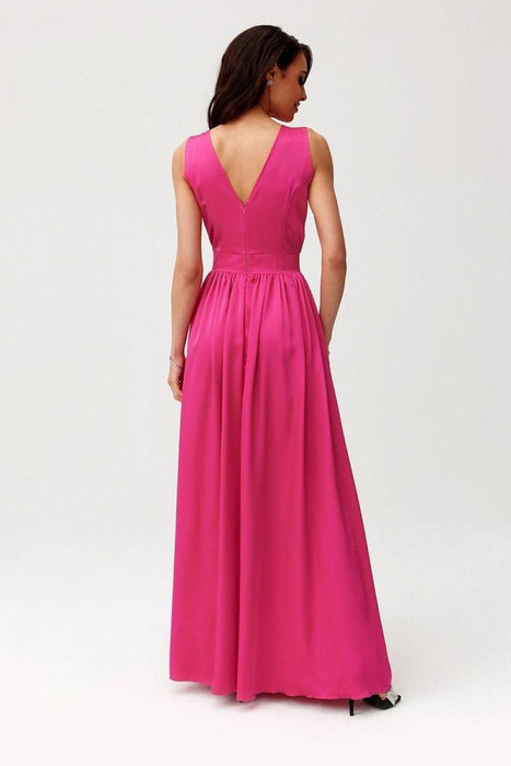 Satin Maxi Dress with Rose Detail and Elegant Silhouette