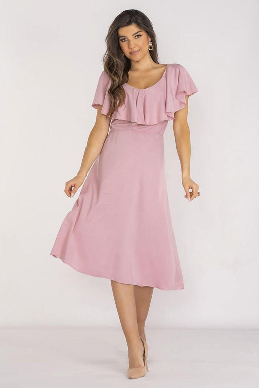 Chic Midi Dress with Ruffled Neckline and Adjustable Waist