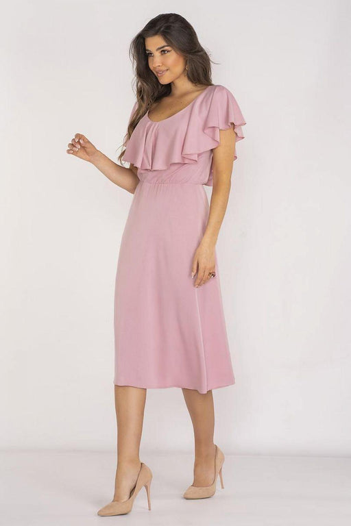 Chic Midi Dress with Ruffled Neckline and Adjustable Waist