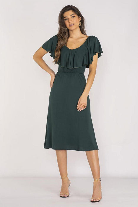 Chic Midi Dress with Ruffled Neckline and Adjustable Waist