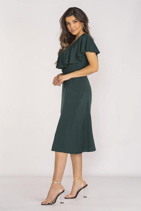 Chic Midi Dress with Ruffled Neckline and Adjustable Waist