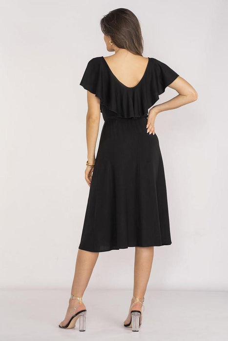 Chic Midi Dress with Ruffled Neckline and Adjustable Waist