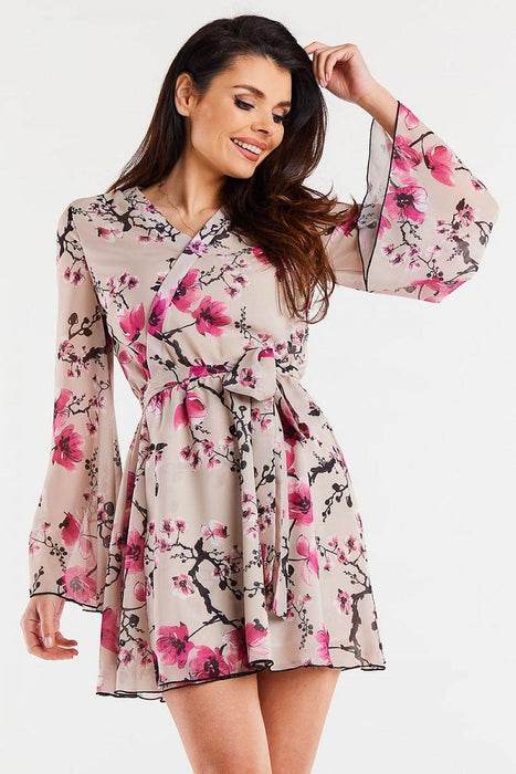 Chic Pleated Chiffon Kimono Dress with Adjustable Belt